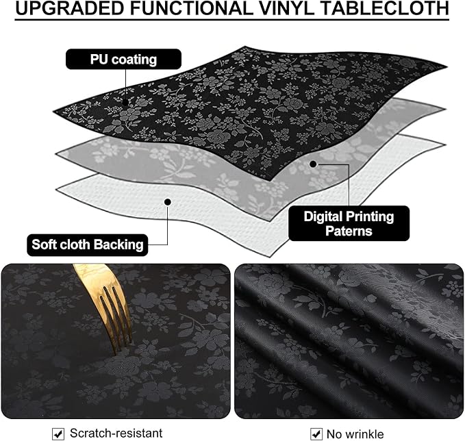 Smiry Rectangle Waterproof Heavy Duty Vinyl Tablecloths, 60 x 140 Inch | Wipeable Washable Floral Embossed Table Cover for Kitchen and Dining Room, Indoor & Outdoor Use, Black - Image 3