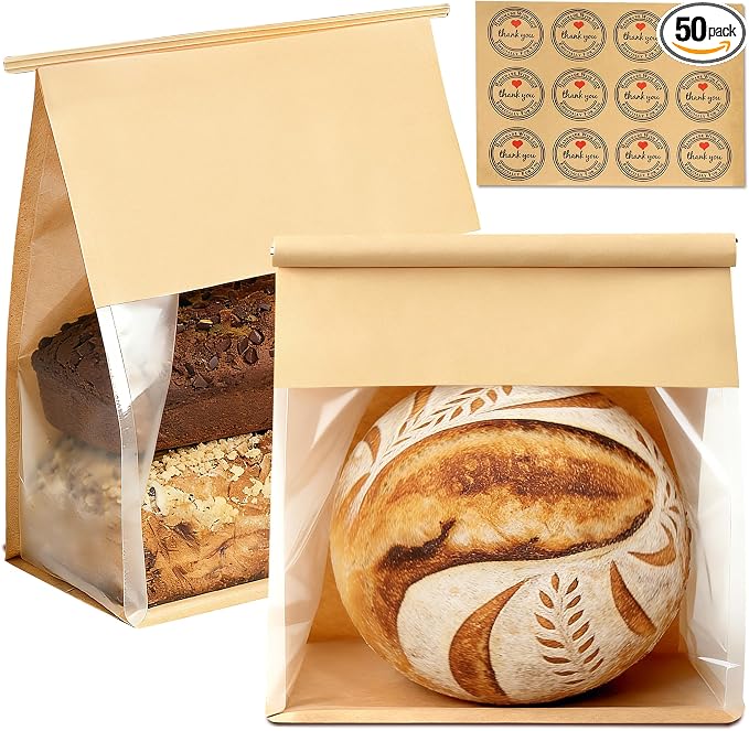 50 Pack Extra Large Paper Bread Bags for Homemade Bread Sourdough Bags, 12.2x10.6x6.1 Inches Resealable Tin Tie Tab Lock Bakery Loaf Bag with Window, Baked Goods Packaging for Gifting and Bake Sale by GOULIKFUL