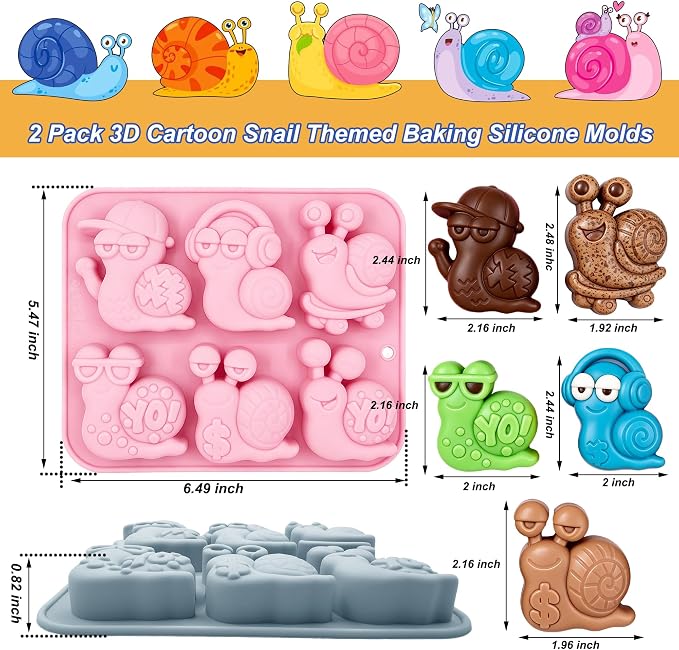 2 Pack Snail Silicone Molds 6 Cavity 3D Cartoon Snail Themed Baking Mould Tray for Animal-Themed Party Chocolate Cake Topper Jello Ice Cube Dessert Mousse Pastry Handmade Soap Crayons - Image 2