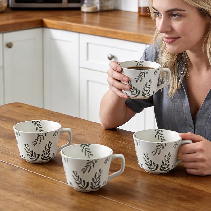 4 Pack Speckled Ceramic Coffee Mugs, 12oz Vintage Green Fern Leaf Large Tea Cups, Rustic Handmade Style Drinking Mugs for Coffee Tea Cocoa Milk, Dishwasher Microwave Safe, Housewarming Gift Set - Image 9