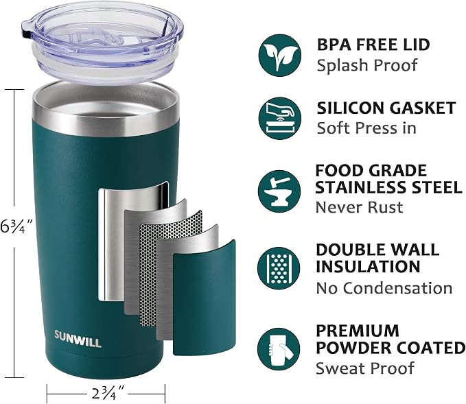 SUNWILL Travel Coffee Mug with Lid, 20 oz Tumbler Set of 2, Insulated Stainless Steel Cup for Drinks， Water, Tea, Powder Coated Forest Green & Plum - Image 2