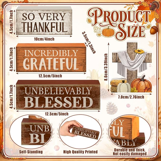 Moucuny 4 Pcs Fall Table Decoration for Home Religious Cross Stacked Signs | 4 Pcs Rustic Wood Stacked Sign with Cross and Harvest Elements. Great Thanksgiving Tabletop Decor for Home, Church, or Office - Image 2