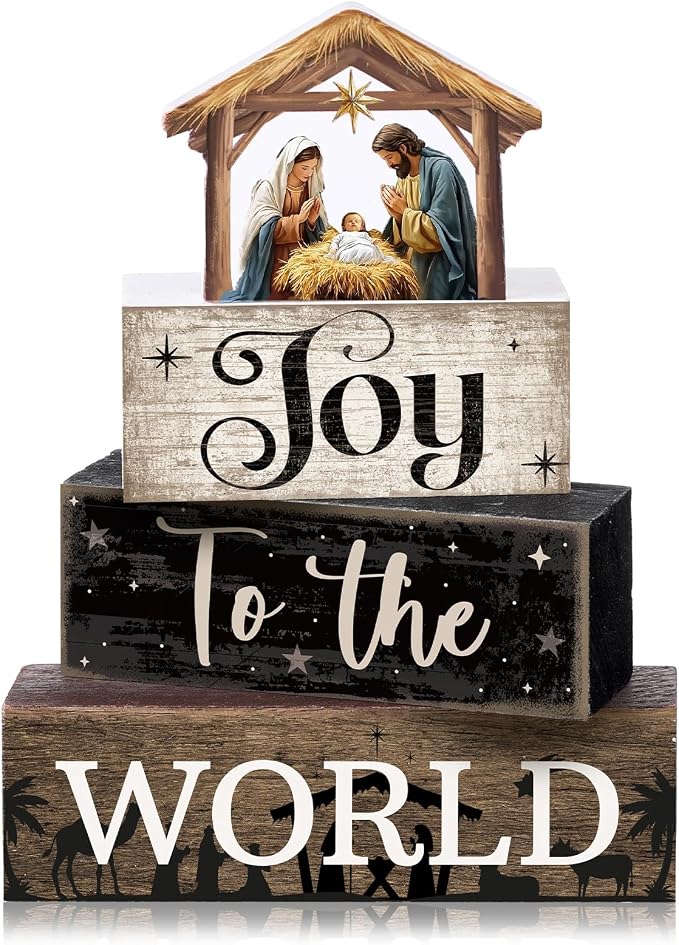 Moucuny 4 Pcs Christmas Table Decor Wooden Christian Religious Decoration Nativity Scene Centerpiece Joy to the World Tiered Tray Decor Farmhouse Xmas Decoration for Kitchen by Moucuny