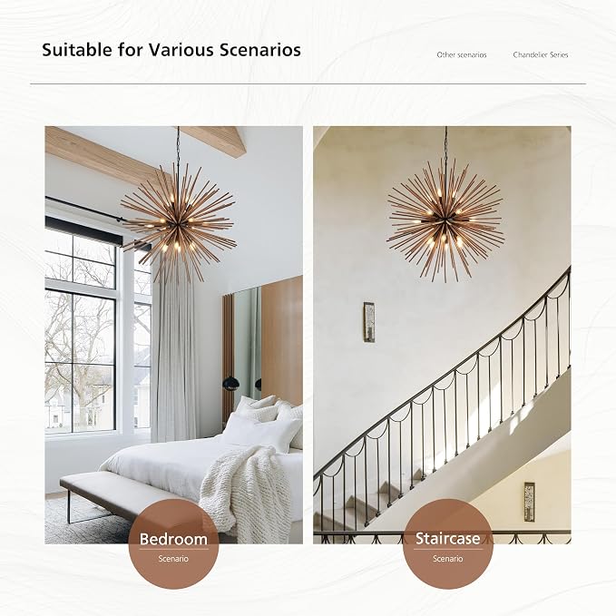 37.4" Farmhouse Sputnik Chandelier for Dining Room Rustic Handmade Natural Wood 18-Light Hanging Ceiling Pendant Light Fixture Starburst Wood Chandeliers for Kitchen Bedroom Foyer Hallway - Image 6