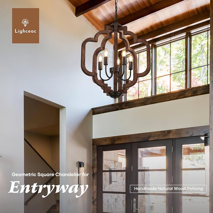 20.5" Farmhouse Vintage Chandelier 5-Light for Dining Room Rustic Handmade Wood Hanging Ceiling Pendant Light Fixture for Entryway Brown Retro Chandeliers for Kitchen Bedroom Foyer Hallway - Image 5
