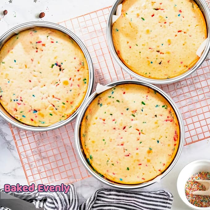 E-far 8 Inch Cake Pan Set of 3, Stainless Steel Round Layer Cake Baking Pans, Non-Toxic & Healthy, Mirror Finish & Dishwasher Safe - Image 4