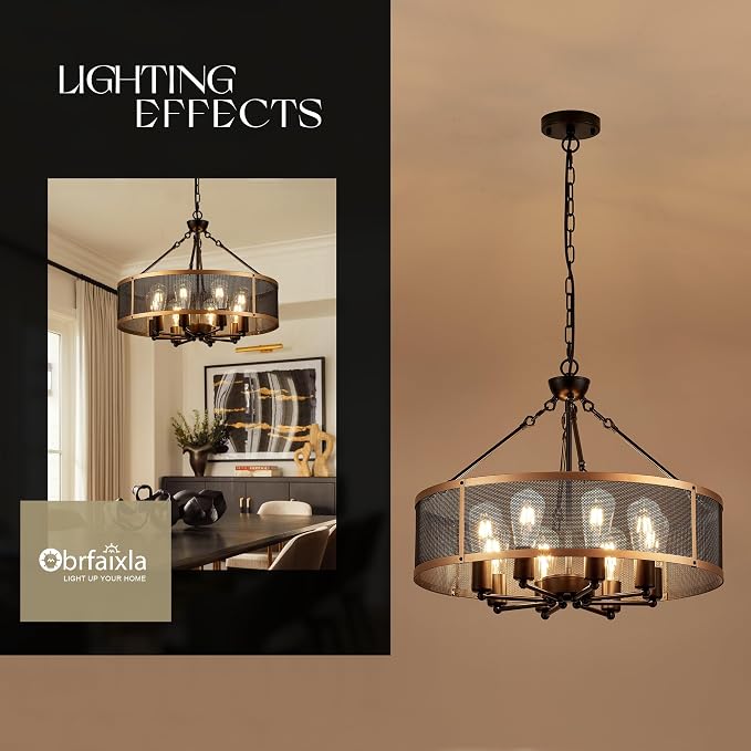 Modern 23" Large Black Gold Mesh Drum Chandelier for Dining Room Industrial Retro Semi Flush Mount 4-Light Round Ceiling Light Fixtures for Kitchen Bedroom Living Room Hallway Entryway Foyer - Image 3