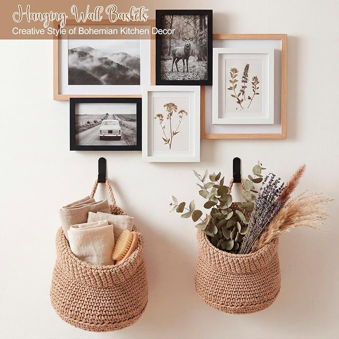 Honeydak Boho Decor Hanging Wall Baskets for Kitchen 3 Pack Teardrop Baskets with Hooks Storage Fruit Onion Vegetable Potato for Home 3 Sizes(Light Linen,Barrel,Cotton Rope) - Image 6
