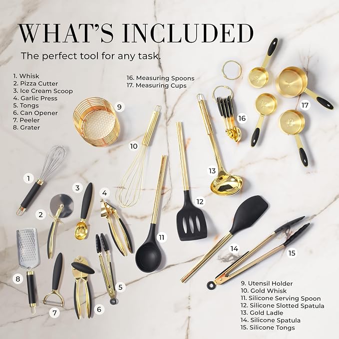 Styled Settings Black and Gold Kitchen Utensils Set, 23-Piece | Stainless Steel, Silicone, 23-Piece Kitchen Accessories Includes Gold Measuring Cups, Spoons, Cooking, and Kitchen Decor - Image 2