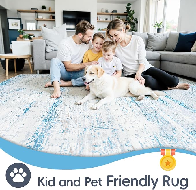 8x10 Washable Area Rug for Living Room Bedroom: Non-Slip Modern Light Blue | Machine Washable TPR Backing, Stain-Resistant Low Pile, Pet & Kid Friendly, Abstract Decor for Dining Room, Dorm, Home Office - Image 4