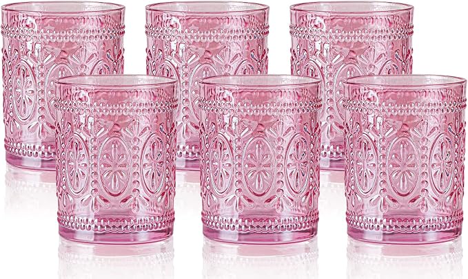 Darlion Vintage Glassware, Pink Drinking Glasses, 10oz Pink Glass Cups | Food Grade Glass, Lead-Free Glass, Durable&Sturdy, Vintage Decoration by PurchaseNow