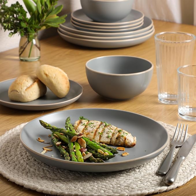Gibson Home Rockaway 12-Piece Stoneware Dinnerware Set, Matte Finish, Service for 4, Modern Ceramic Plates and Bowls, Microwave & Dishwasher Safe – Soft Gray - Service for 4 - Image 5