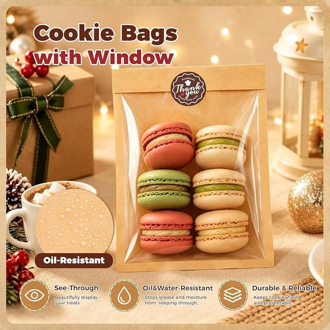 120PCS Cookie Bags with Seal, 5.1 x 7.5 Inch Cookie Packaging with Stickers | Heat Sealable & Grease Resistant Paper Bakery Bags with Window, Pastry Bags for Bake Sale Treat Scone Donut Brownie - Image 4
