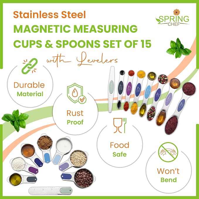 Spring Chef Magnetic Measuring Cups & Spoons Set of 15, Winter Frost | Patented Nesting Stainless Steel Measuring Cups & Heavy Duty Metal Measuring Spoons w/ Levelers for Dry & Liquid Ingredients - Image 2