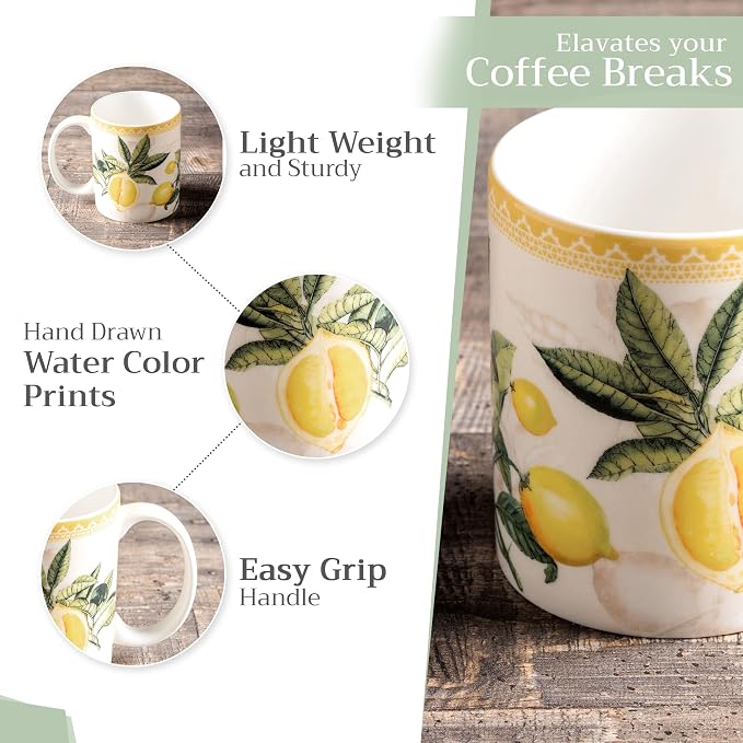 Maison d' Hermine Coffee Mug with Handles Tea Cups (15 Ounce, Pack of 2) | Fine Bone China Coffee Mugs for Hot Beverages Cappuccino Latte Home Restaurant Hotel Spring Summer -Limoncello - Image 5