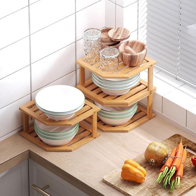 VERTORGAN 2 Tier Bamboo Corner Shelf 3 Pack Plate Organizer Kitchen | Pantry Storage,Dish Rack,Spice Rack,Corner Organizer,Kitchen Counter Shelves,Kitchen Storage,Holds Plates - Image 2