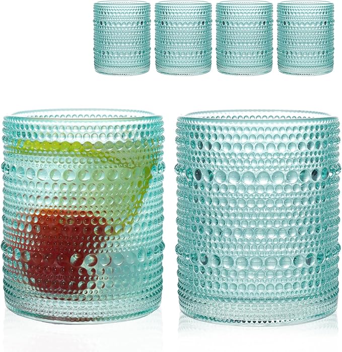 Set of 4 Hobnail Drinking Glasses, 12oz, Vintage Jupiter Drinking Glasses,Embossed Old Fsahioned Glassware for Beer,Water,Juice,Cocktail,Whiskey,Gift (Pool Blue, Small) by WeirdUncle