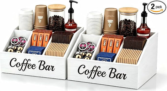 2 Pack Coffee Station Organizer for Countertop – Wooden Coffee Bar Organizer with Adjustable Dividers,Holds K Cup Pod & syrup bottles, for Kitchen, Office, or Bar and Tea Station, White by Unknown