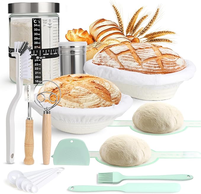 Sourdough Starter Jar Kit 13pcs, Bread Proofing Basket Making Tools with Dutch Oven Silicone Mat, Sour Dough Baking Supplies Accessories Stuff Gifts for Home Bakers Adults Women Mom Beginner