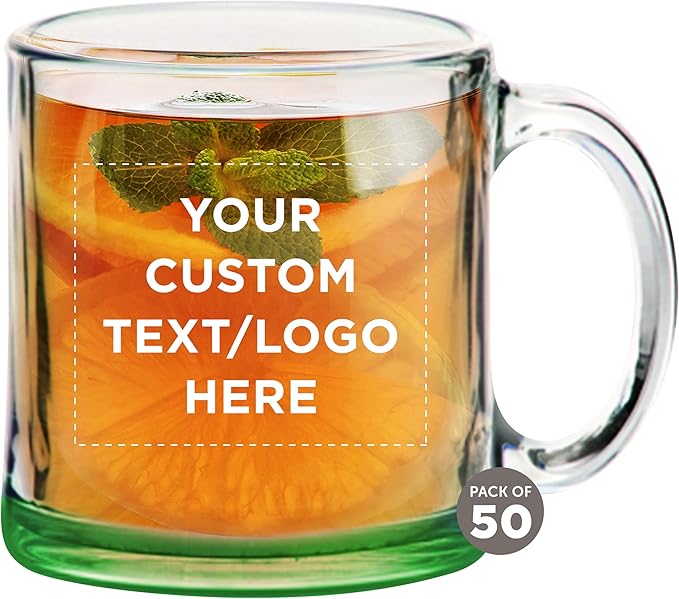 Custom Libbey Clear Glass Coffee Mugs 13 oz. Set of 50, Personalized Bulk Pack - Perfect for Coffee, Tea, Espresso, Hot Cocoa, Other Beverages - Green Bottom