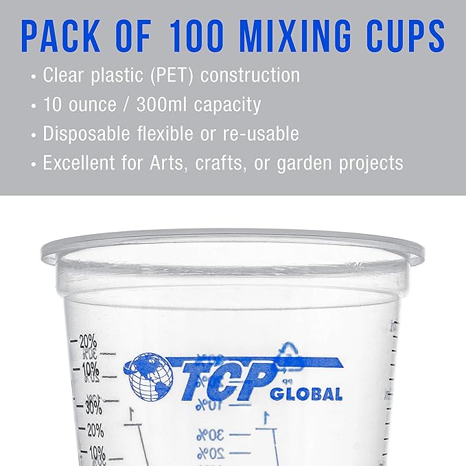 TCP Global 10 oz. (300ml) Graduated Plastic Mixing Cups - Box of 100 with 50 Mixing Sticks - Disposable Plastic Measuring Cups for Liquids, Paints, Resin, Epoxy, Art, Kitchen - Ratios 2-1, 3-1, 4-1 ML