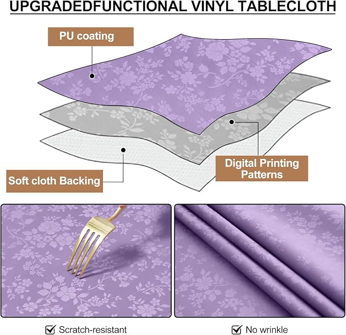 Smiry Rectangle Waterproof Heavy Duty Vinyl Tablecloths, 52 x 70 Inch | Wipeable Washable Floral Embossed Table Cover for Kitchen and Dining Room, Indoor & Outdoor Use, Purple - Image 7