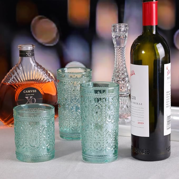 abrwyy Glassware set of 4, Vintage Drinking Glasses, 10oz Heavy Duty Glass Cups, Colored Glassware Set, Embossed Glasses Set for Party Wedding Home Office Glassesware Gift - Image 3