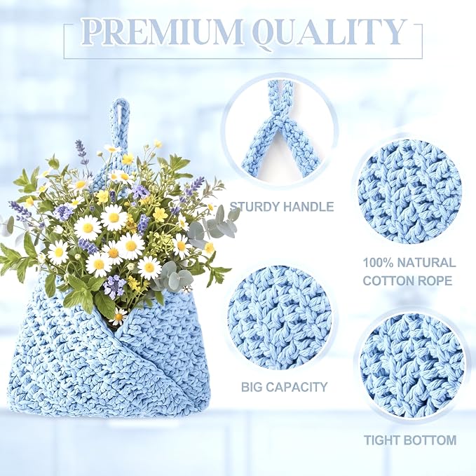 Honeydak Boho Decor Hanging Wall Baskets for Kitchen 3 Pack Teardrop Baskets with Hooks Storage Fruit Onion Vegetable Potato for Home(Light Blue,Triangle,Cotton Rope) - Image 3