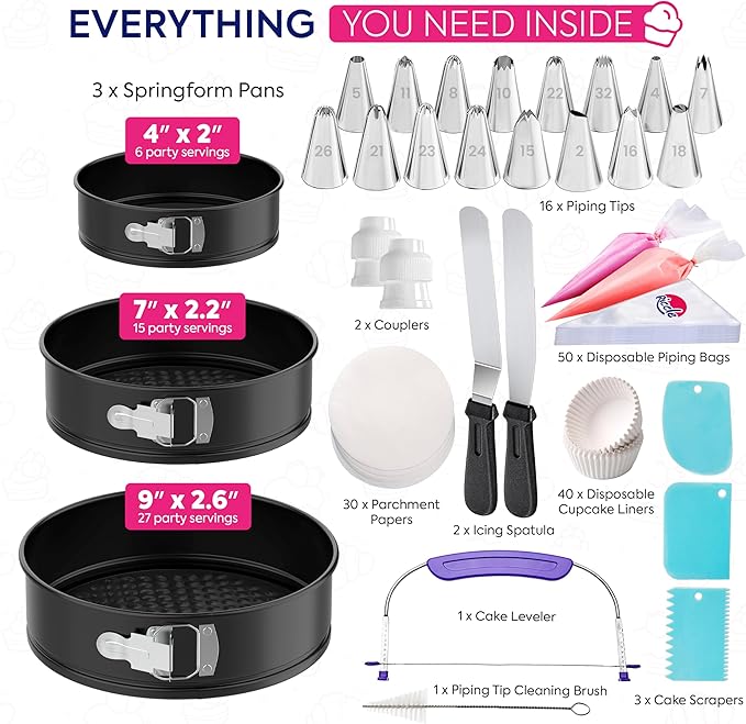 148PCs Cake Pan Set for Baking, 3 Non-Stick Springform Pan Set (4, 7, 9 Inches), Cake Decorating Kit, Piping Bags and Tips Set, Cake Leveler, Multi-functional Leak-Proof CheeseCake Pan (148) - Image 2