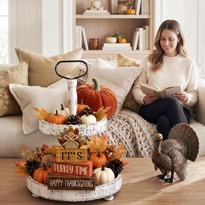 Moucuny 4 Pcs Fall Decorations for Home Wooden Turkey Decor Thanksgiving Tiered Tray Decor Thanksgiving Table Centerpiece Rustic Wooden Turkey Time Block Sign for Autumn Harvest Party Kitchen Shelf - Image 7