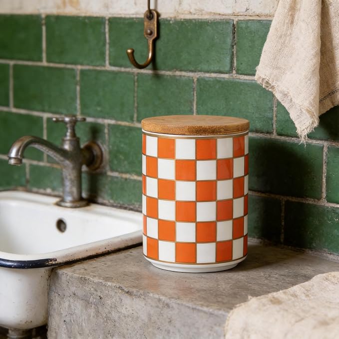 Kitchen Countertop Ceramic Checkered Canisters,Black And White Food Storage Containers With Lid,Airtight Kitchen Canisters for Flour, Sugar, Coffee, Tea, and Dry Goods (Orange, Small) - Image 5