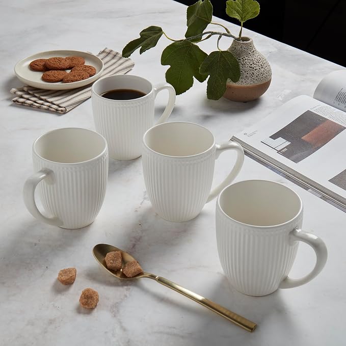 Tabletops Gallery 4 Piece Embossed White Chip Resistant Porcelain Mug Set | Dishwasher safe - Image 2