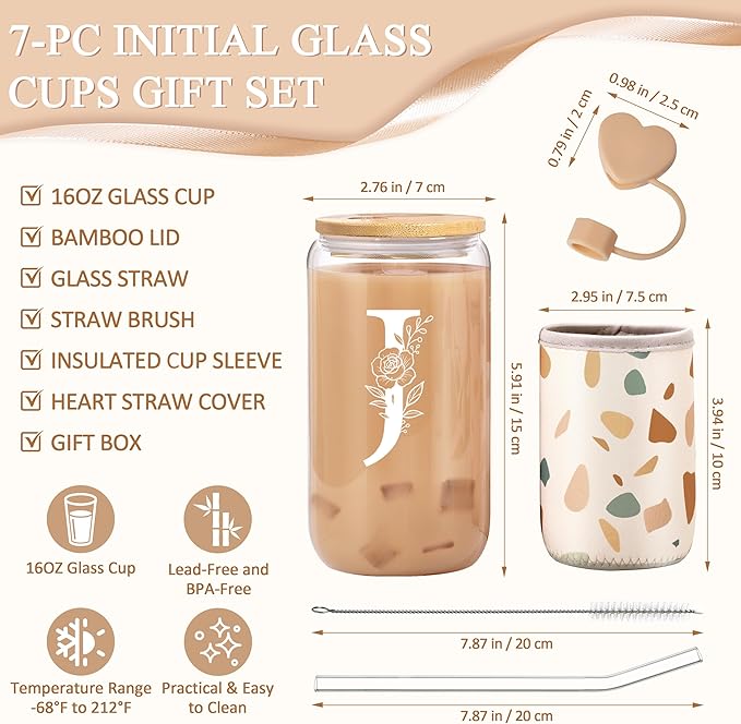 Personalized Gifts for Women, Monogrammed Gifts for Women, Initial 16 oz Glass Cups With Lids and Straws, Customized Mug, Personalized Birthday Gifts Christmas Gifts for Her Mom Friend Woman, J