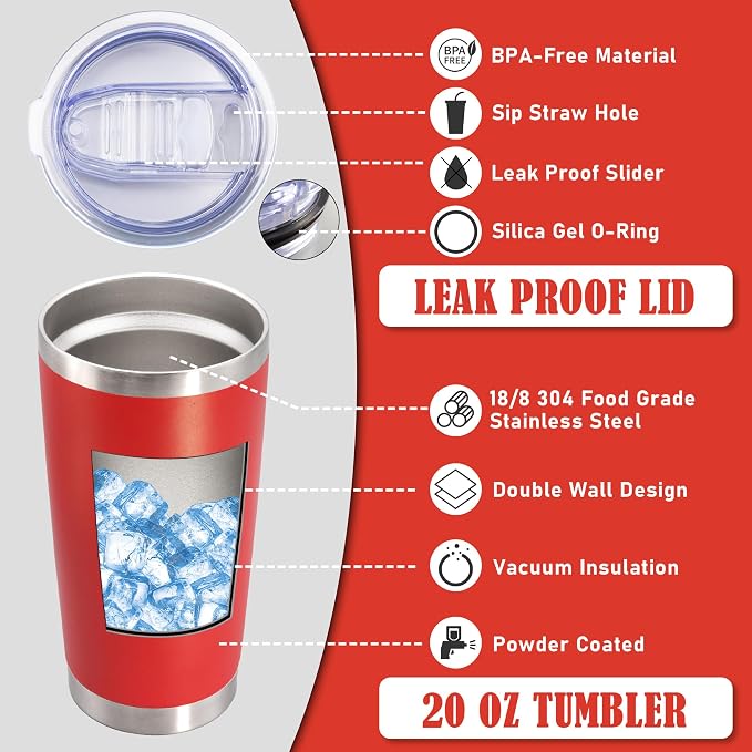 20oz Tumbler Insulated Coffee Tumblers with Lid Stainless Steel Red 4P | 20 oz Tumblers Double Wall Insulated Vacuum 20oz Coffee Mug Leak Proof Tumblers with Lid Powder Coated - Red 4 Pack - Image 3