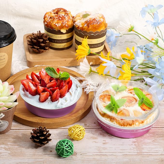 Beasea Disposable Mini Pans with Lids, 100 Pack 4” 8oz Pink Aluminum Baking Pie Foil Tins Small Round Tart Cups Containers for Individual Cupcake Muffin Cheesecake Dessert Ramekins Quiche Oven Dishes - Image 6