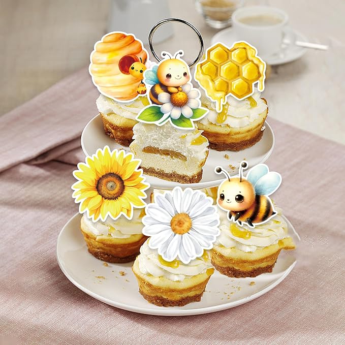 48 PCS Edible Bumble Bee Cupcake Toppers Wafer Paper Oh Babee Cake Decorations for Bee Theme Baby Shower Kids Boys Girls Birthday Cake Party Decoration - Image 3
