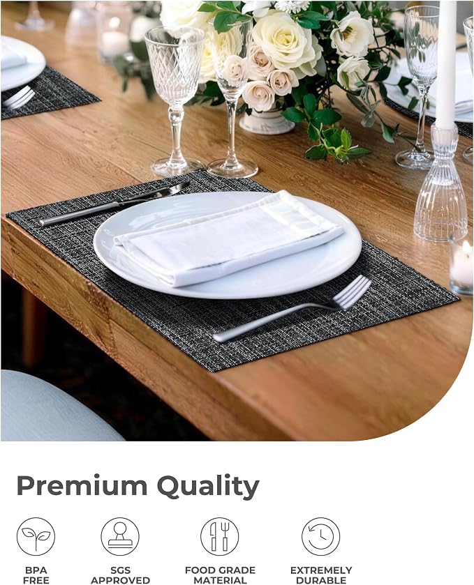 Leetaltree Black and Grey Woven Placemats Set of 12 - Heat Resistant Non-Slip Place mats for Dining Table, Washable Durable PVC Vinyl Woven Table Mats(Black & Grey, 12) - Image 7