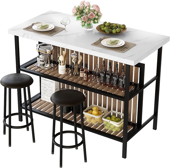 AWQM Kitchen Island with Seating & Storage Shelf, Modern Bar Table and Chairs Set for 2, Wooden Island Table for Kitchen, Dining Table Set for Small Space, White by AWQM