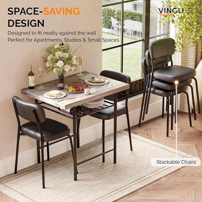 VINGLI Dining Table Set for 2, Small Kitchen Table Set with Upholstered Chairs, 3-Piece Dining Set with Storage Rack, Wood Dining Room Set with Metal Legs for Small Spaces, Living Room, Grey - Image 3