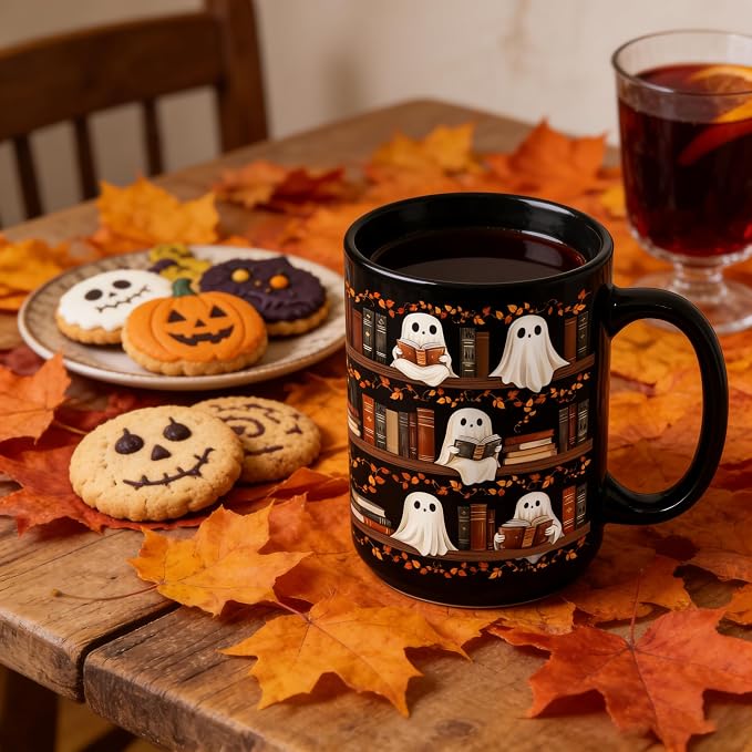 Halloween Ghost Reading Coffee Mug, Bookshelf Tea Cup, Black, 15oz | Ceramic, With Handle, Spooky Book Mug for Book Lovers & Readers, Novelty Festive Bookish Gift for Women, Friends, Coworkers - Image 8
