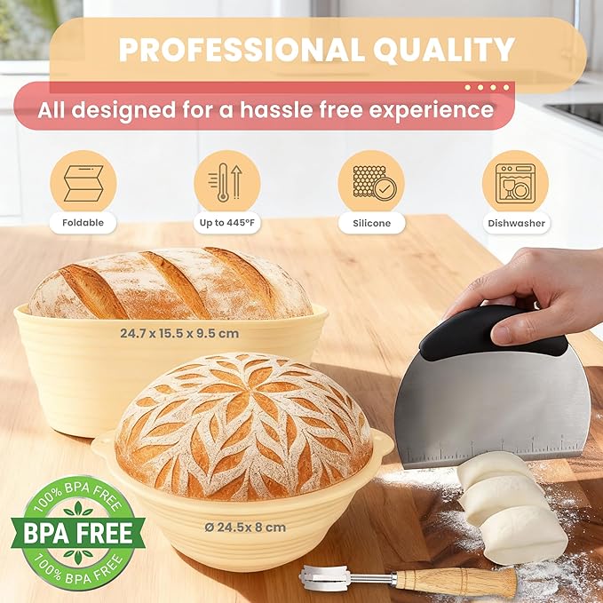 SWAKIK18 Plus Sourdough Starter Kit Set Sourdough Bread Baking Supplies Great Gift Beginners Bread Makers 24oz Fermentation Jar 9" and 10" Silicone Banneton Bread Proofing Basket, Dough Whisk
