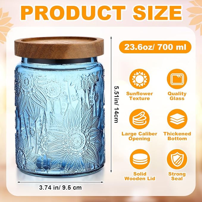 LemonRoad 2 Pcs Vintage Blue Glass Storage Jars 23.7 oz Mason Jar Canister with Wood Lids Food Storage Container for Cookie, Pantry, Candy Kitchen, Coffee, Tea, Flour, Sugar, Decorative Home Decor - Image 2