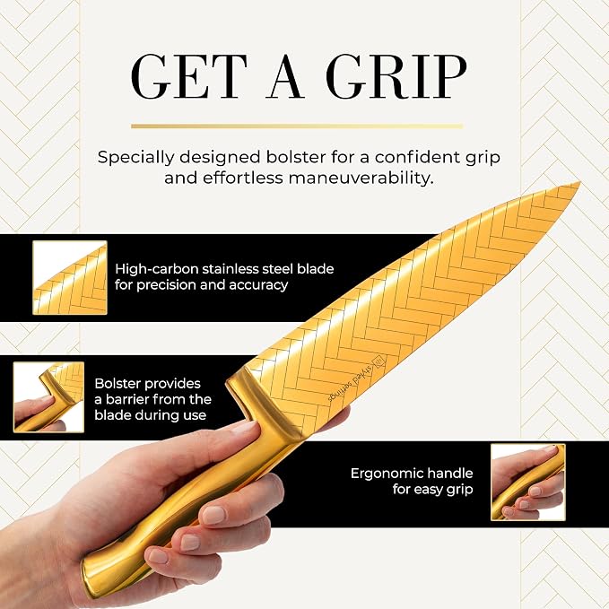 Styled Settings Gold Knife Set with Block and Sharpener, 14-Piece | Stainless Steel, Titanium Gold Knives with Pattern and Knife Block with Built-in Sharpener, Durable, Gold Kitchen Accessories - Image 6
