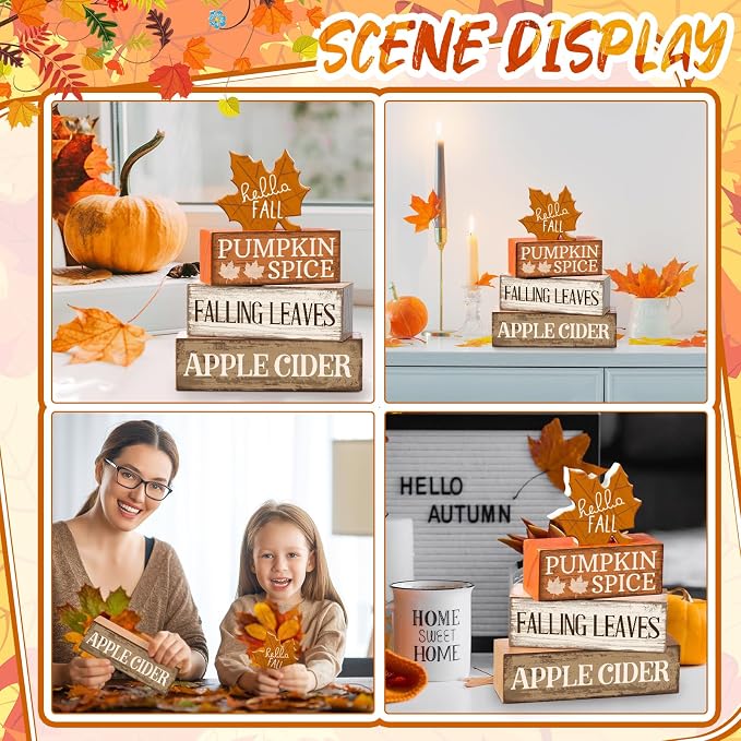 Moucuny 4 Pcs Fall Decor Wooden Maple Leaf Decoration Thanksgiving Tiered Tray Decor Rustic Wooden Maple Leaf Block Sign Thanksgiving Table Centerpiece Farmhouse for Autumn Harvest Party Home Kitchen - Image 4