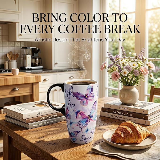 Topadorn 17oz Ceramic Travel Mug with Lid, Coffee Cup with Gift Box | Watercolor Butterfly Coffee Mug with Handle, Microwave & Dishwasher Safe, Gift Box Included - Image 9