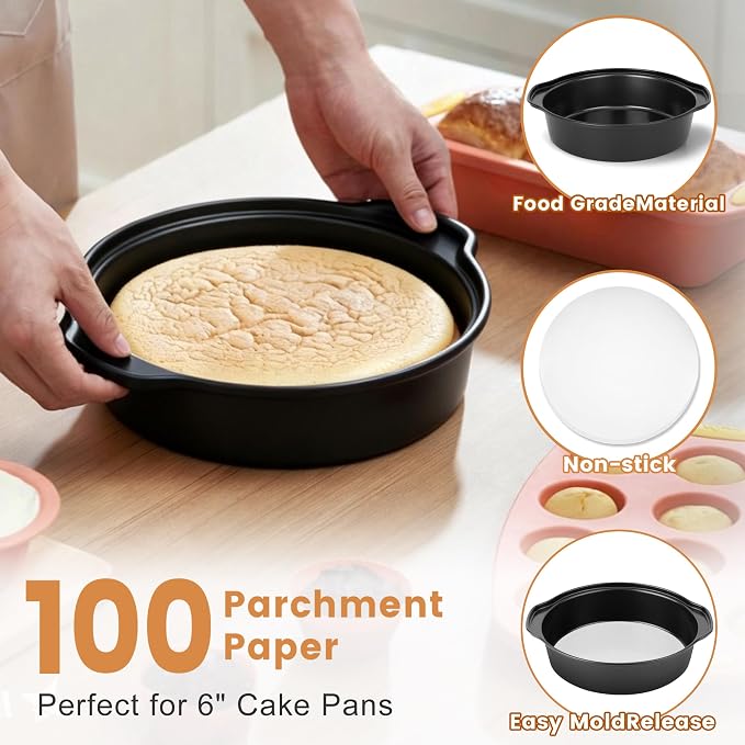 BEWOS 6 Inch Cake Pan Set - 3 Pcs Carbon Steel Round Cake Pans with 100 Pcs Parchment Paper, Round Cake Pans, Nonstick Baking Pans Set with Handle, Dishwasher Safe - Image 7