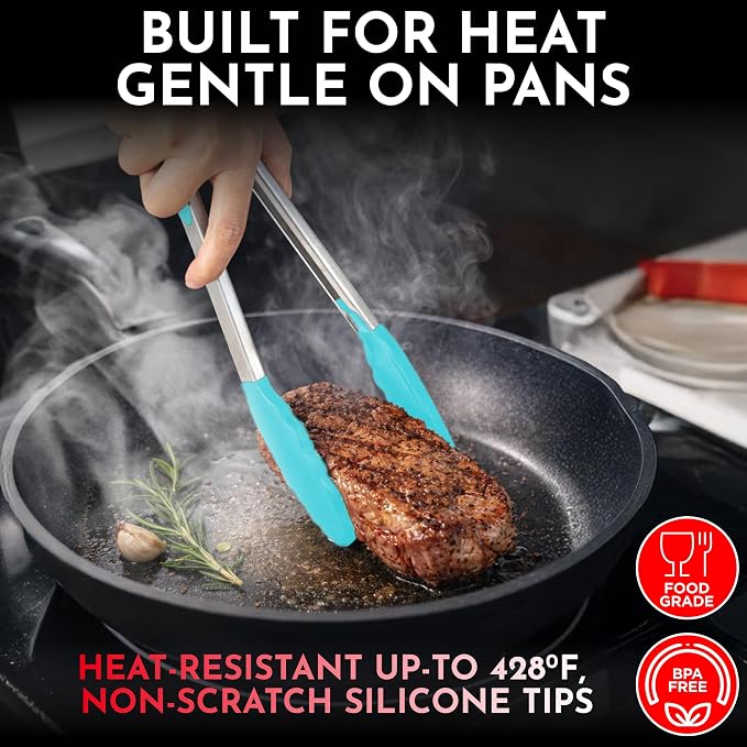 Kitchen Tongs - 12, 9 & 7 Inch Locking Silicone Tongs for Cooking, Set of 3 | Aqua Tongs with Silicone Tips, Heat Resistant Tongs for Grilling, Serving, Mixing - Image 5