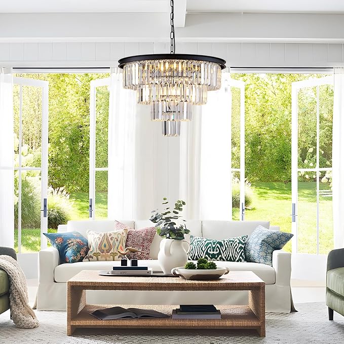 10 Light Black Crystal Chandelier 24'' Modern Round Chandeliers for Dining Room Contemporary Ceiling Pendant Light Fixture 4-Tier Adjustable Height E12 for Living Room Foyer Entryway - Image 7