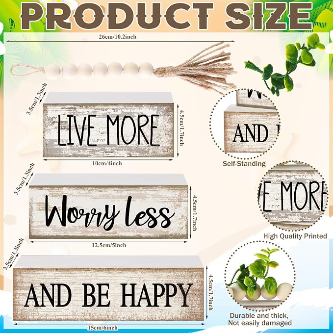 Moucuny 4 Pcs Inspirational Farmhouse Table Decor Rustic Stacked Wooden Block Sign - Live More Worry Less Be Happy Centerpieces Set with Beaded Tassel and Artificial Plant for Home, Office, Shelf Gift - Image 3