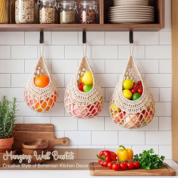 Honeydak Boho Decor Hanging Wall Baskets for Kitchen 3 Pack Teardrop Baskets with Hooks Storage Fruit Onion Vegetable Potato for Home 3 Sizes (White,Crochet,Cotton Rope) - Image 3